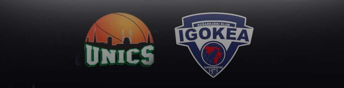 Логотипы двух баскетбольных команд на черном фоне: UNICS с изображением мячa и здания, и IGOKEA с щитом и фигурой баскетболиста